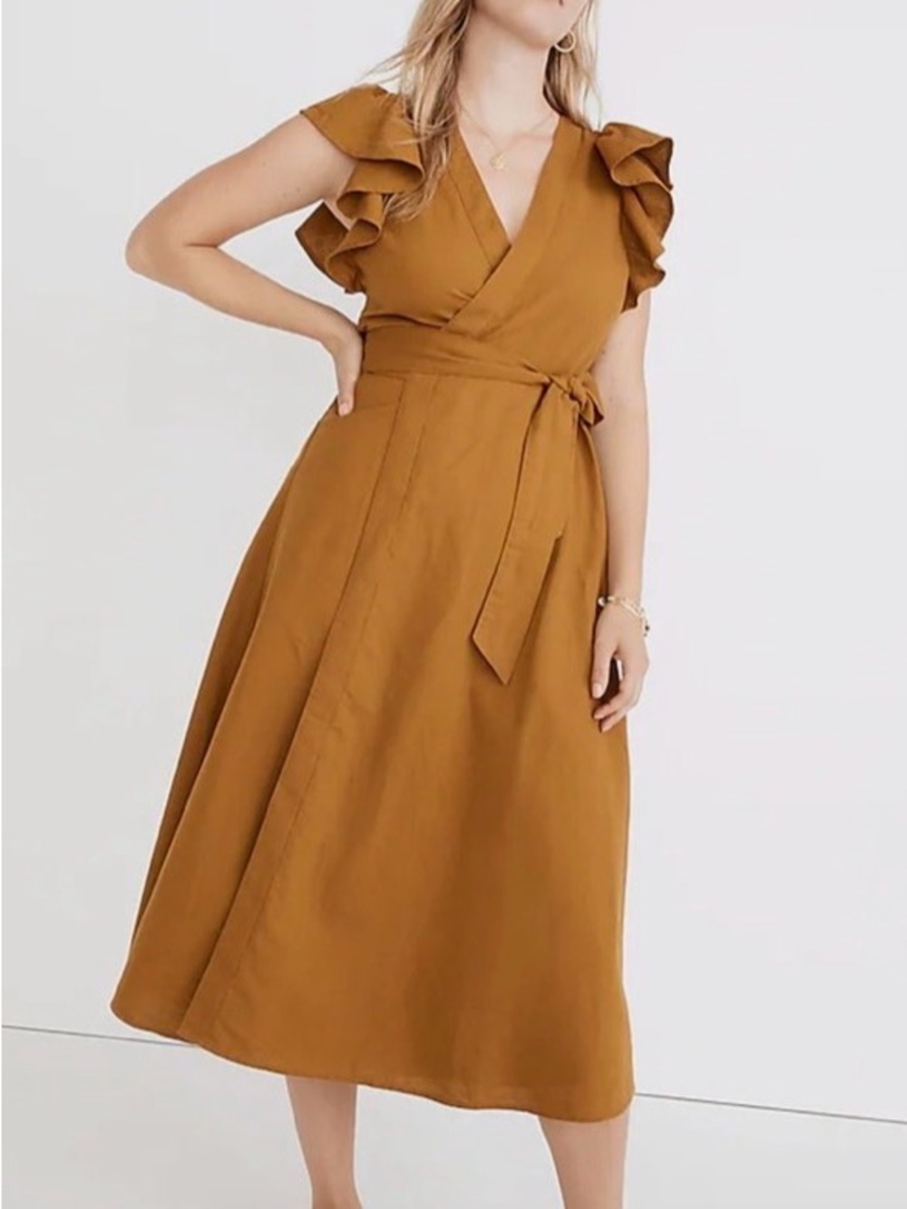 MadeWell - Mustard Wrap Midi Dress with Ruffle Sleeves